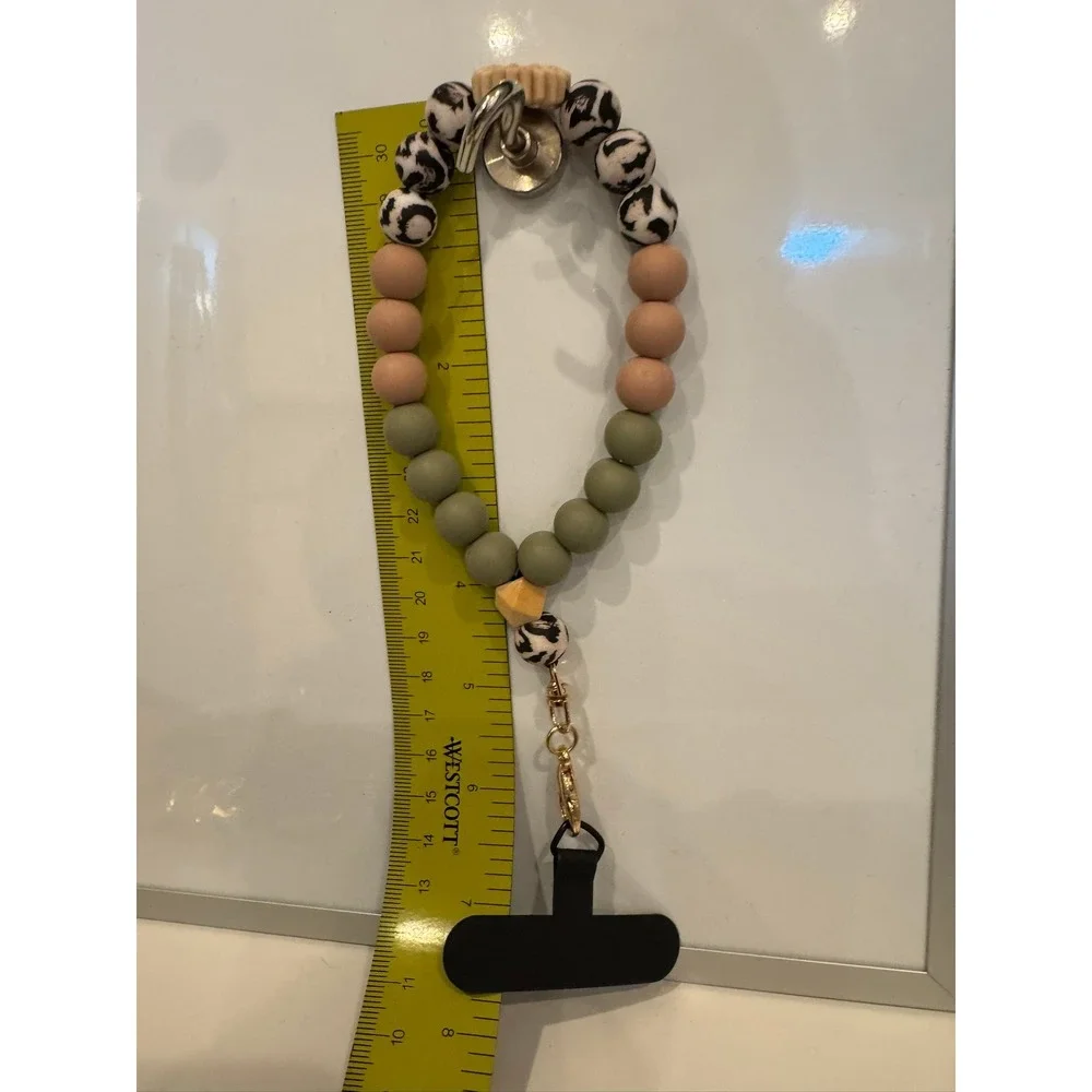 Silicone Bead Wristlet Keychain Leopard Print Sage Green Phone Tether Gold Clasp